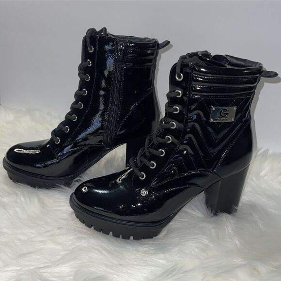 Guess women’s Lace Up Combat Patent Platforms Boots Quilted Chunky Block Heeled - Picture 4 of 10